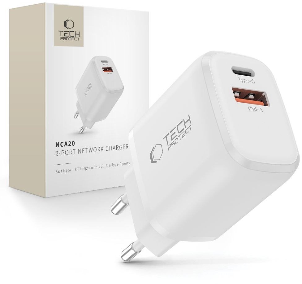 Ładowarka sieciowa Tech-Protect NCA20 USB-A, USB-C Network Charger PD 20W / QC3.0 White