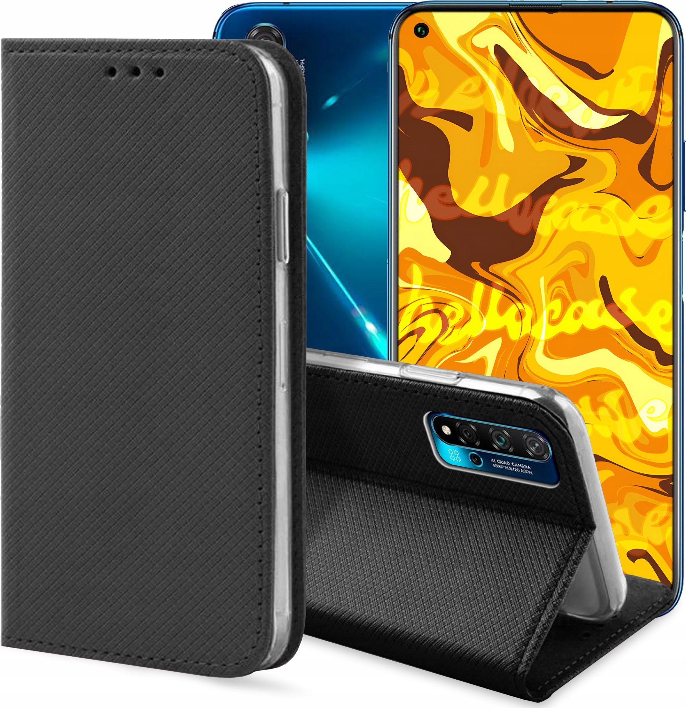 Hello Case ETUI Z KLAPKĄ DO HUAWEI NOVA 5T / HONOR 20 CZARNE ZAMYKANE MAGNETYCZNE FLIP