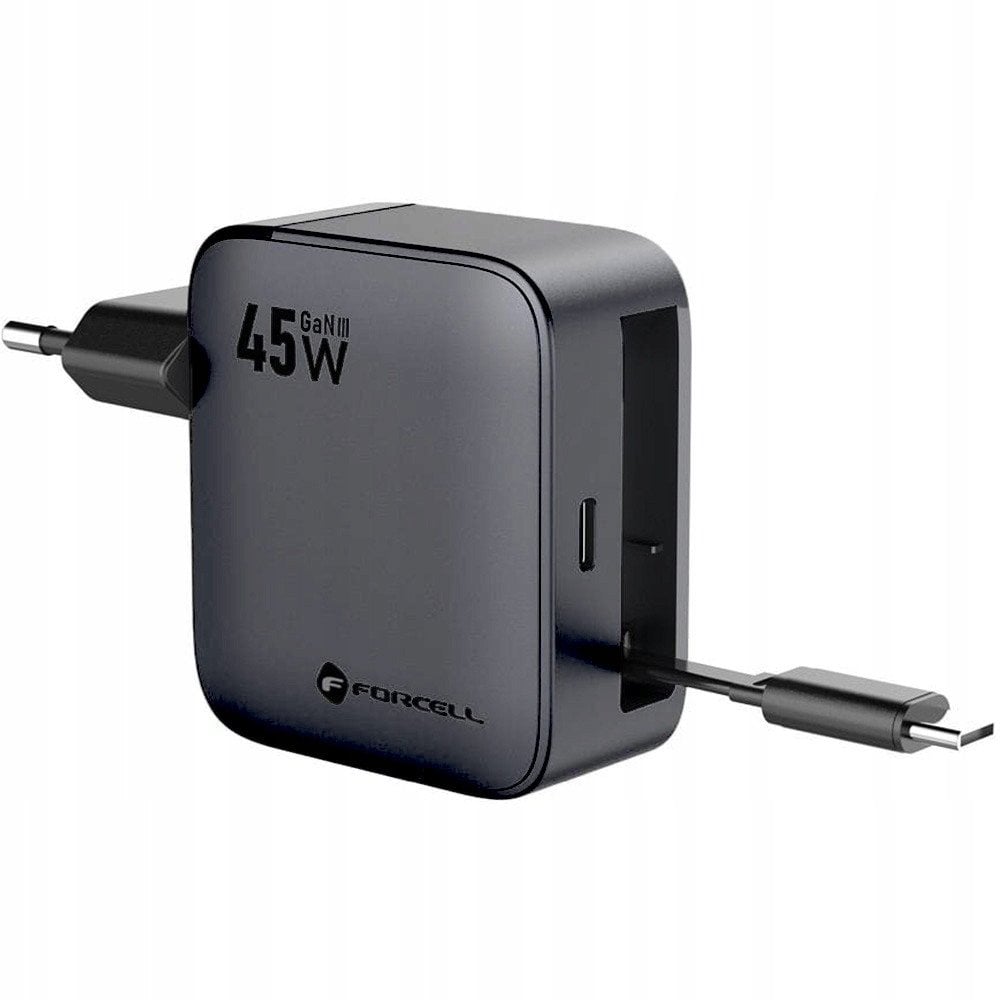 Ładowarka sieciowa do telefonu Forcell F-Energy GaN USB C + zwijany kabel USB C PD QC4.0 3A 45W VT-R5 szara