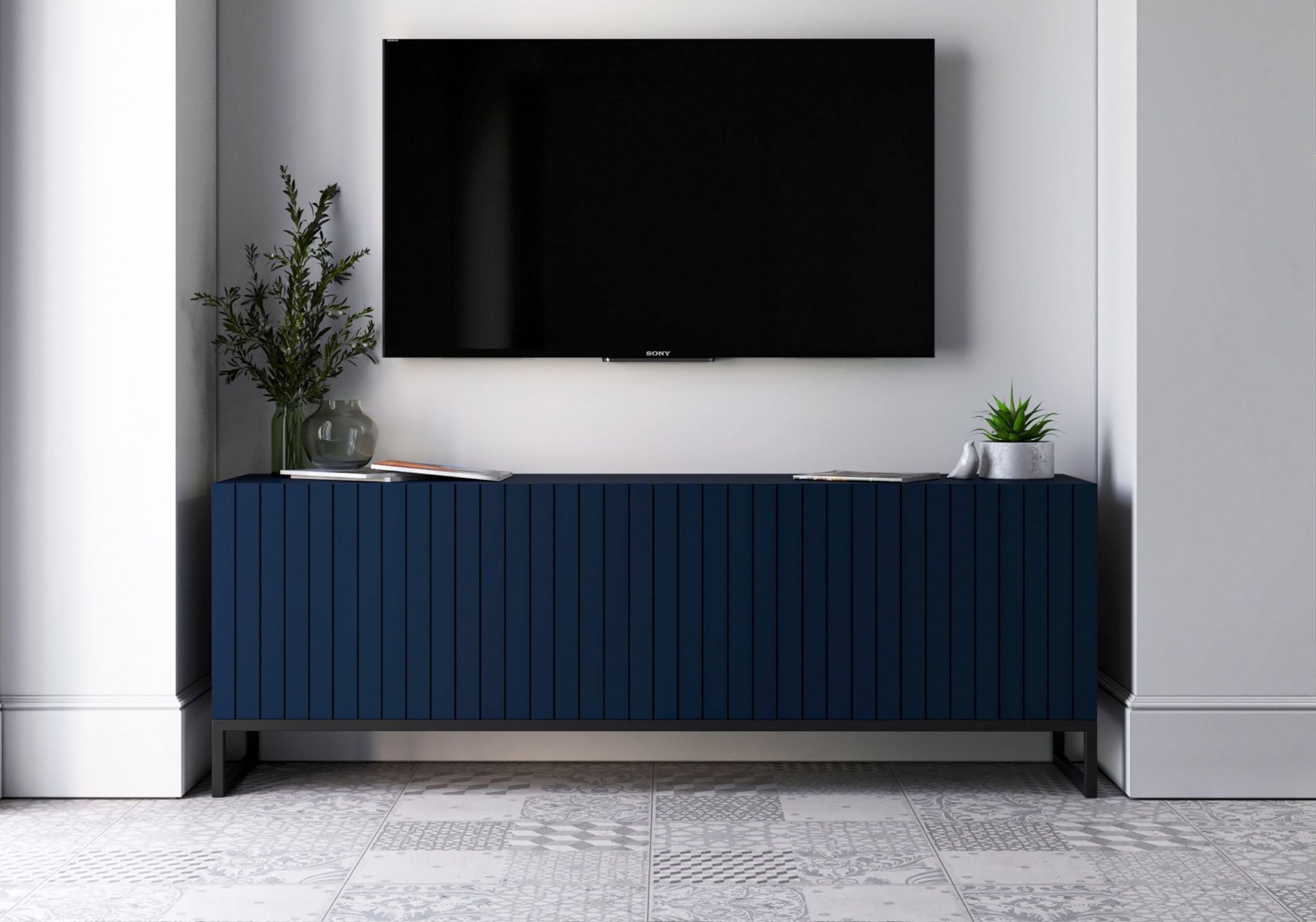 Meble Lindner Szafka RTV Nowoczesna Granatowy MAT Komoda RTV Glamour 150 cm Loft Industrialna Rama