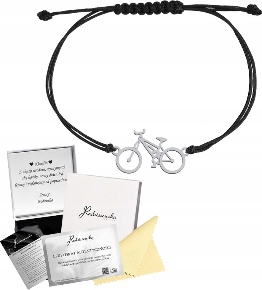 Radziszewska Jewellery Bransoletka Srebrna Rower Sznurek 925 Prezent Biżuteria DEDYKACJA GRATIS