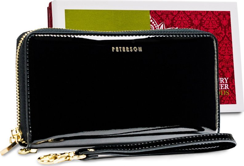Peterson PETERSON Skórzany portfel damski z lakierowanej skóry naturalnej czarny BC-781 RFID BC-781-1681 BLACK