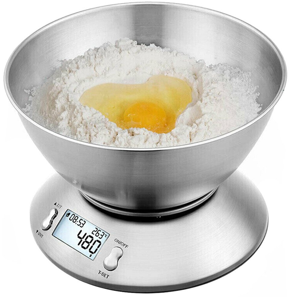 Waga kuchenna elektroniczna cyfrowa z misą miska 5kg lcd srebrna metalowa