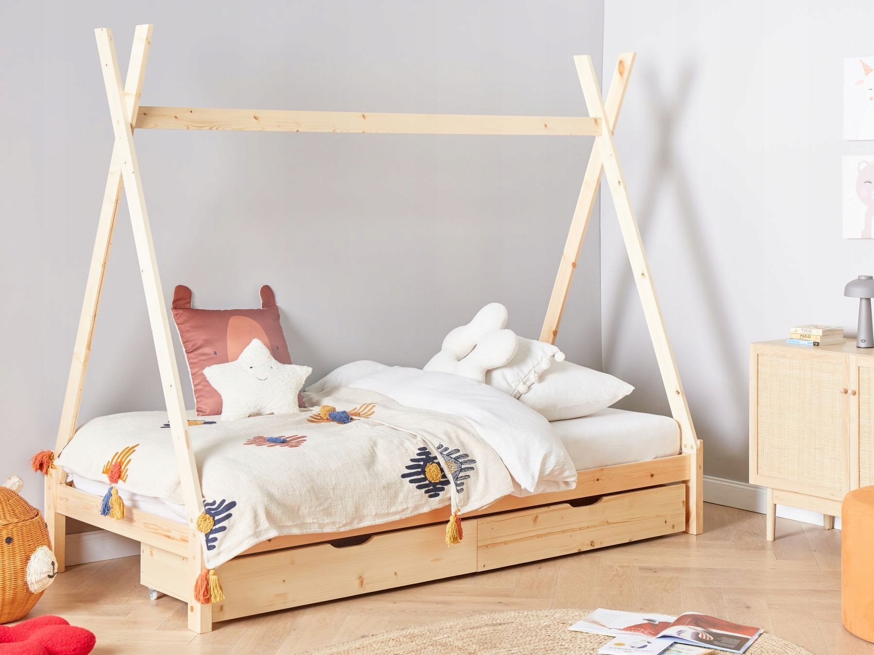 Łóżko dziecięce z szufladami Tipi Drewno sosnowe DEVAY 90 x 200 cm Jasnobrązowy