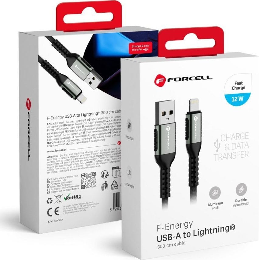 Kabel USB ForCell USB-A - Lightning 3 m Czarny