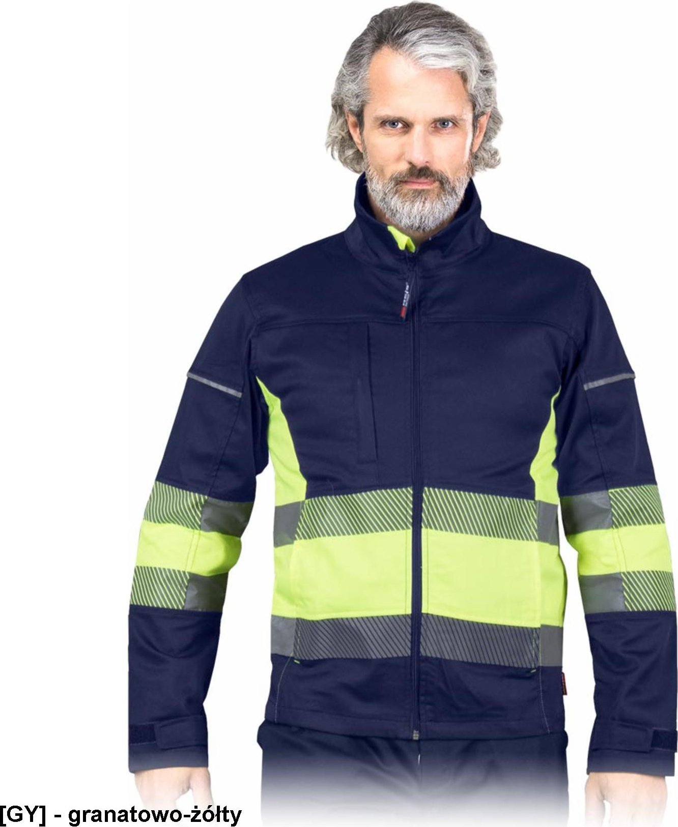 R.E.I.S. BAX-J - Elastyczna bluza ochronna, stójka, zapięcie suwak, męska, pasy odblaskowe, 62% poliester, 34% bawełna, 4% elastan - granatowo-żółty L