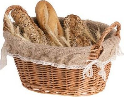 WickerPL Owalny Koszyk z Wikliny obszyty Jutą i Koronką z uchwytami 31x24 H16 cm