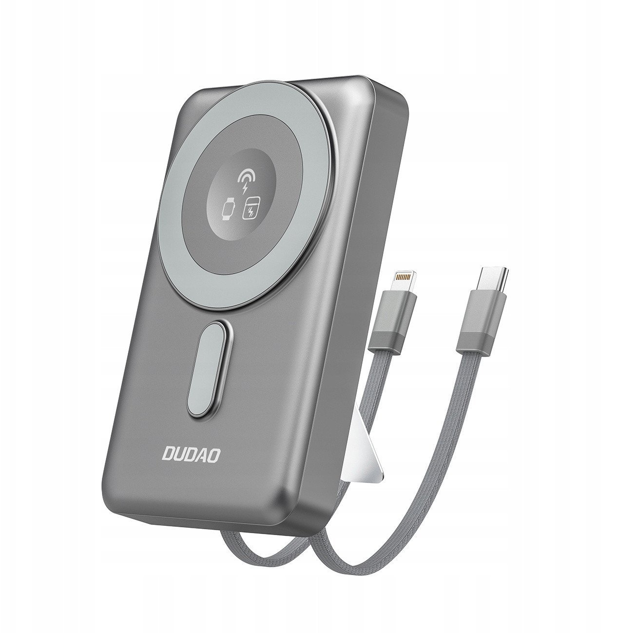 Powerbank Dudao K29 10000mAh PD 20W z MagSafe z metalową obudową, podstawką i wbudowanymi kablami USB-C/Lightning - szary