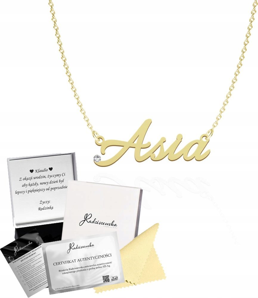 Radziszewska Jewellery Złoty Naszyjnik z imieniem ASIA Łańcuszek SREBRO 925 Prezent DEDYKACJA