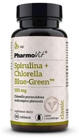 SPIRULINA + CHLORELLA BLUE-GREEN (500 mg) BEZGLUTENOWA 180 TABLETEK - PHARMOVIT (CLASSIC)