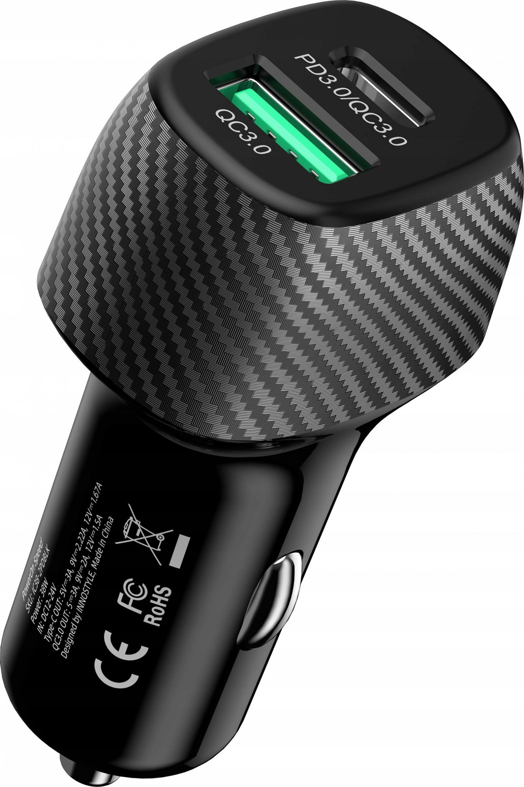 Ładowarka Innostyle INNOSTYLE POWER ON MOCNA SZYBKA ŁADOWARKA SAMOCHODOWA DO TELEFONU 2X USB USB-C 38W CZARNA