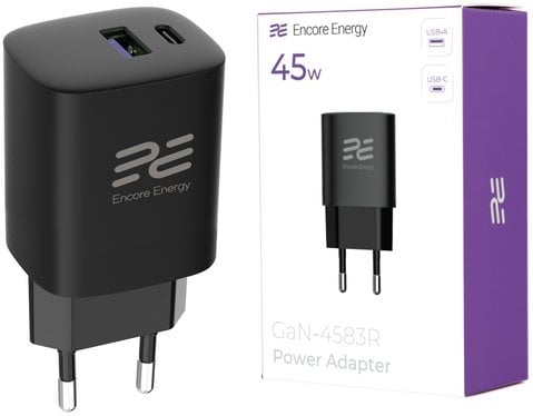 Ładowarka sieciowa Encore Energy GaN QC 4.0 PD 3.0 USB-A USB-C 45W GaN-4583R + kabel USB-A USB-C 2m standard