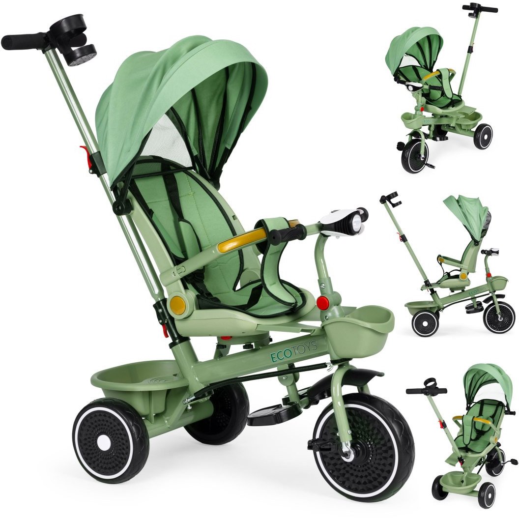 Rowerek trójkołowy spacerówka 2w1 obracane siedzisko składany daszek zielony - ECOTOYS