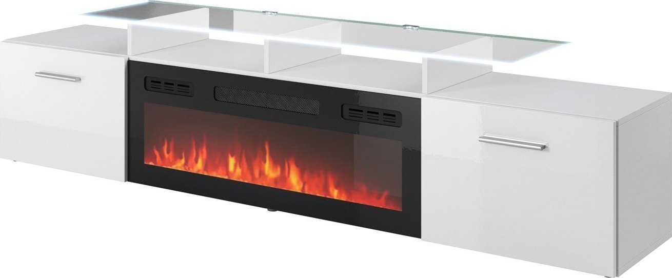 Cama Meble Szafka RTV ROVA z kominkiem elektrycznym 190x37x48 biały/biały połysk