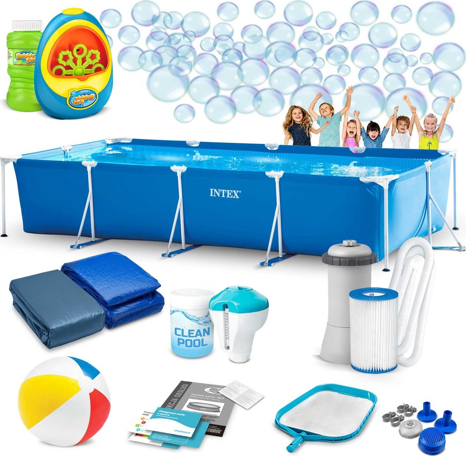 Basen ogrodowy stelażowy 450 x 220 x 84 cm 15w1 INTEX 28273 + maszynka do baniek GRATIS