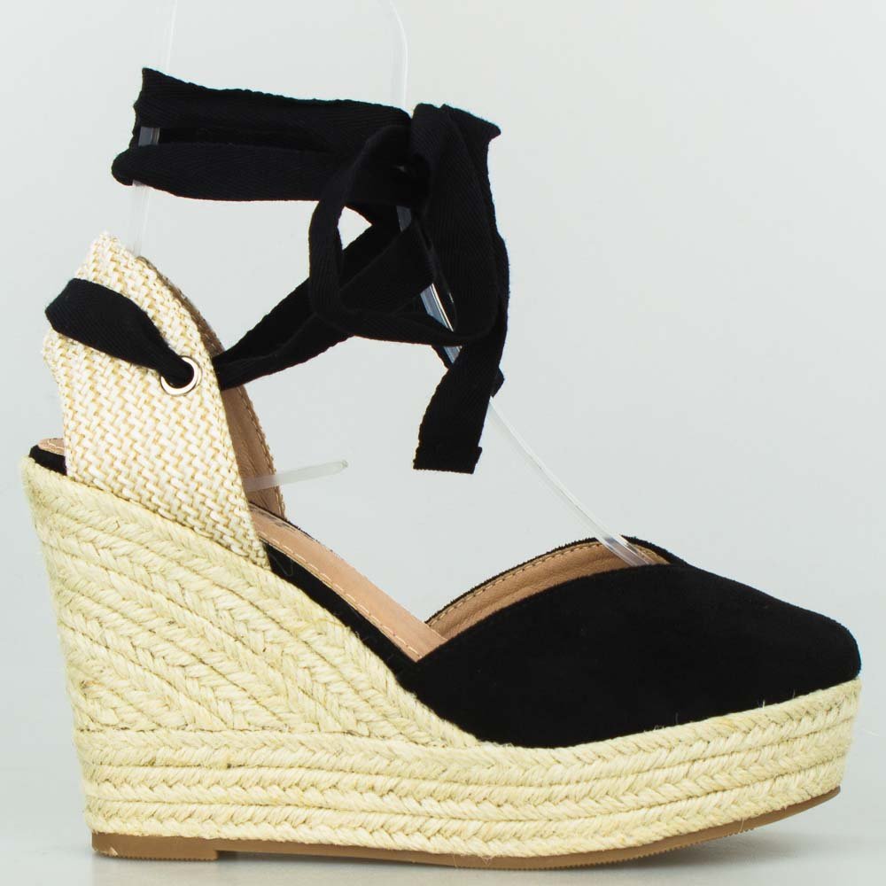 Wolski Sandały na plecionym koturnie z wiązaniem beżowe czarne-40