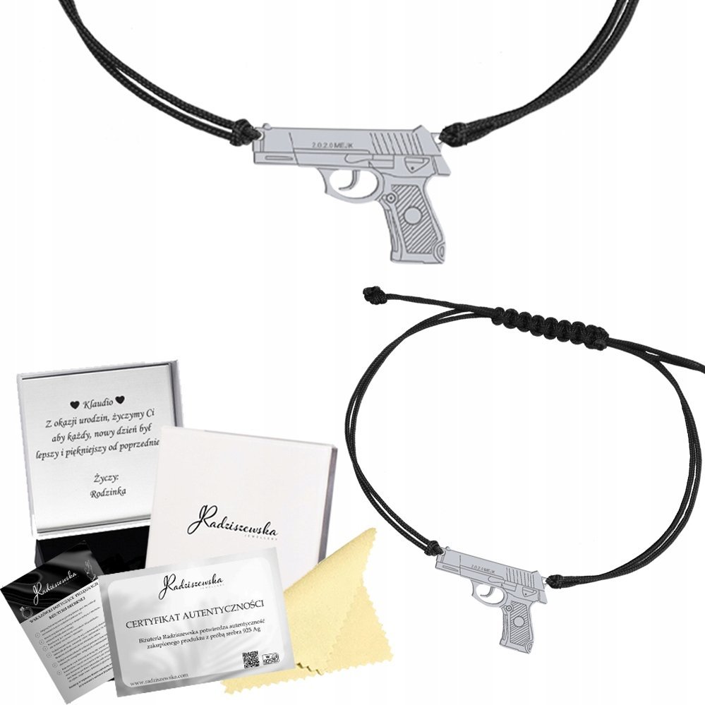 Radziszewska Jewellery Bransoletka Srebrna Pistolet Sznurek 925 Prezent Kobieta GRAWER GRATIS