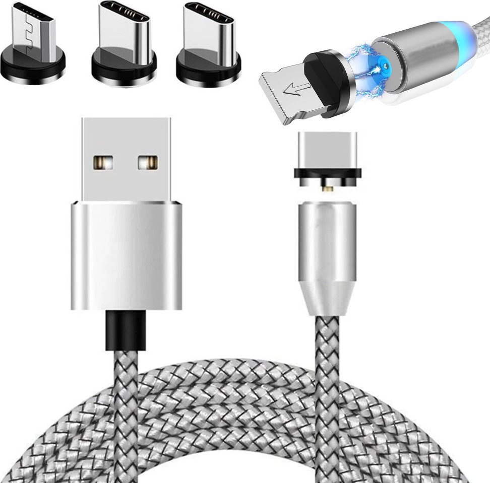 Kabel USB Verk USB-A - USB-C + microUSB + Lightning 1 m Srebrny
