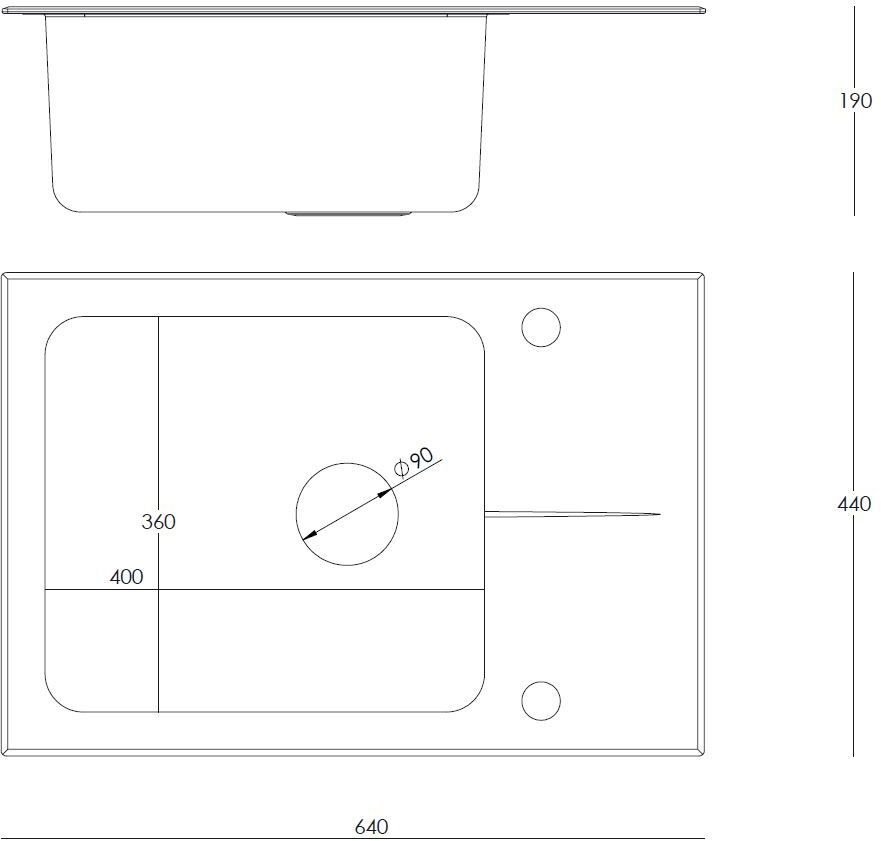 HUGH 116 komora stalowa z czarnym blatem szklanym z syfonem i zaślepką (640x440/R35)