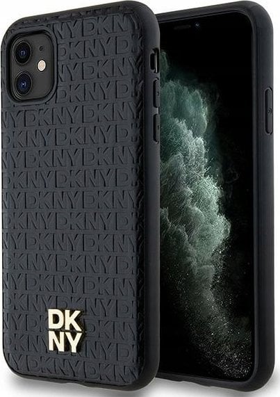 DKNY DKHMN61PSHRPSK iPhone 11 / Xr 6.1" czarny/black hardcase Leather Monogram Pattern Metal Logo MagSafe