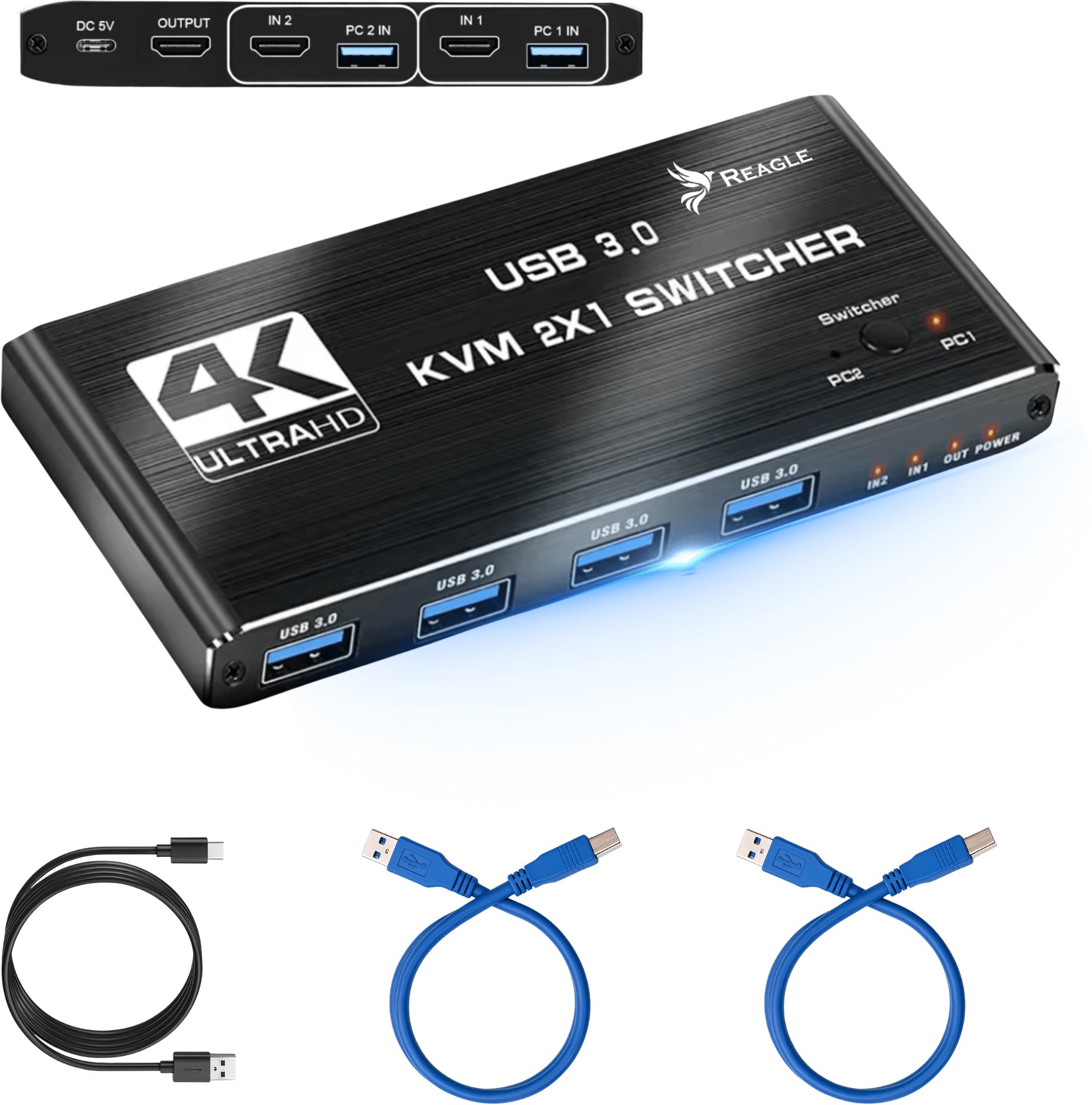 SWITCH HDMI PRZEŁĄCZNIK KVM 4K 60Hz 2X1 HDMI 2.0 4x USB 3.0 HDCP 2.2 REAGLE