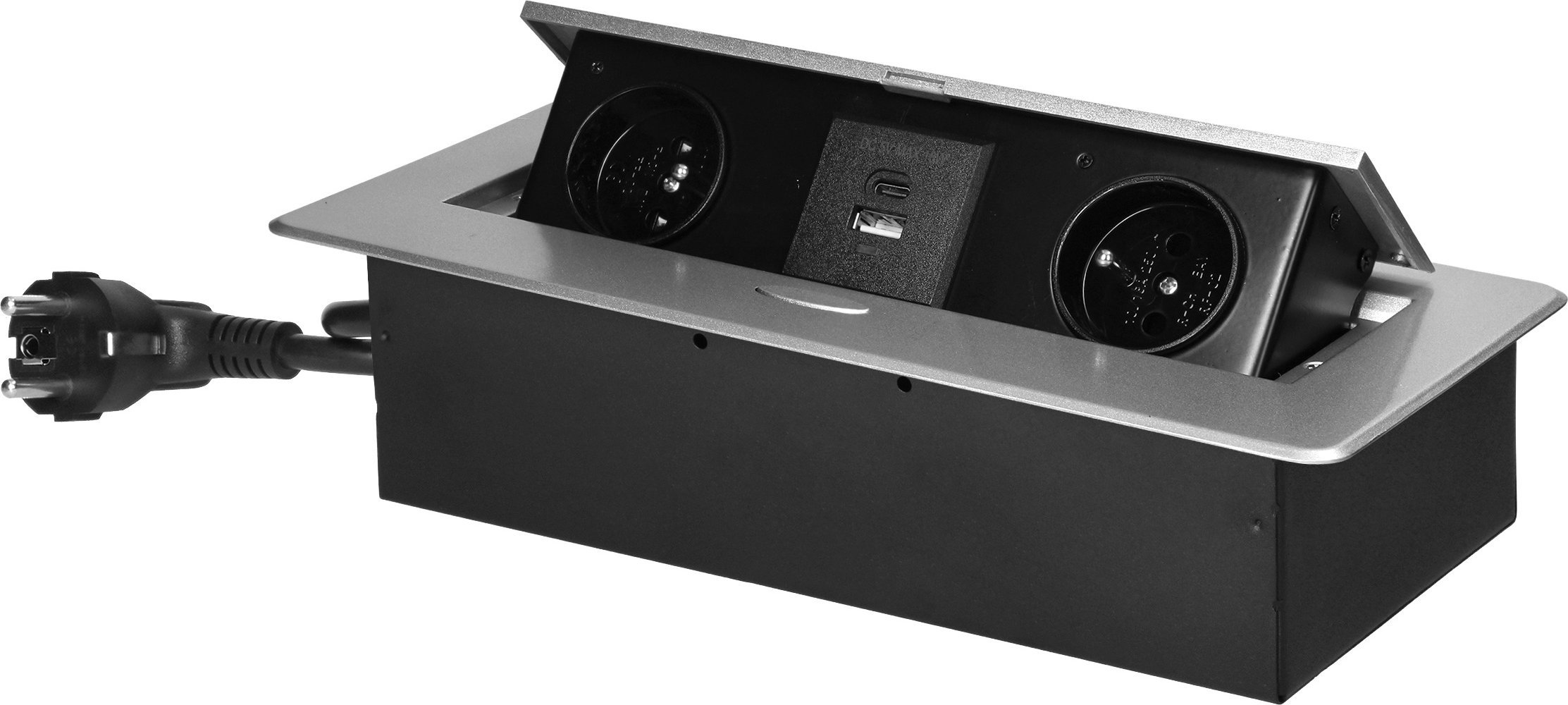 Orno Gniazda meblowe wpuszczane w blat z płaskim frezowanym rantem, ładowarką USB i przewodem 1,5m, 2x2P+Z, 2xUSB (typ A+C; 3,6A), srebrne