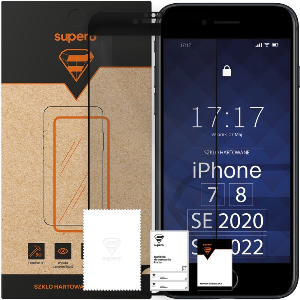 Szkło hartowane Supero do iPhone 7/8/SE 2020/SE 2022, z czarną ramką