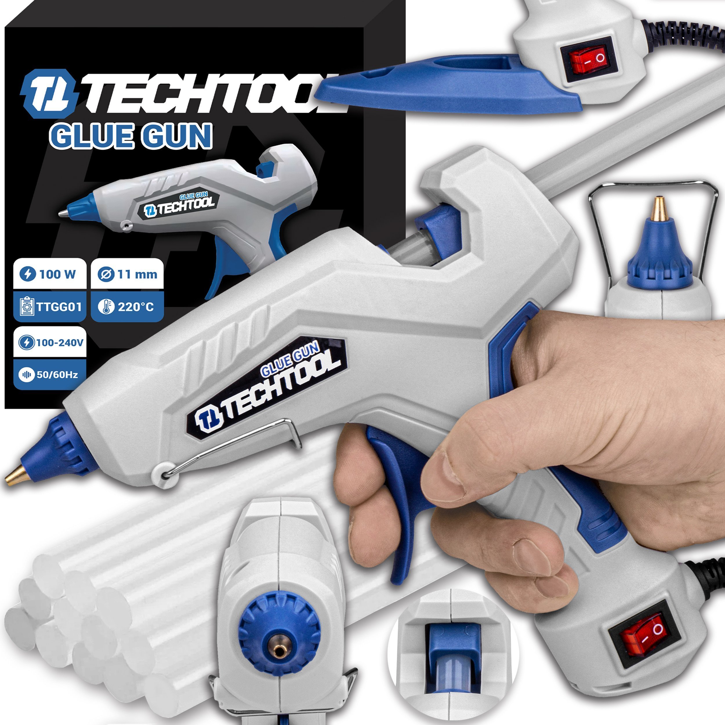 PISTOLET DO KLEJU NA GORĄCO 100W + KLEJ WKŁADY 11MM KLEJARKA MOCNY TECHTOOL