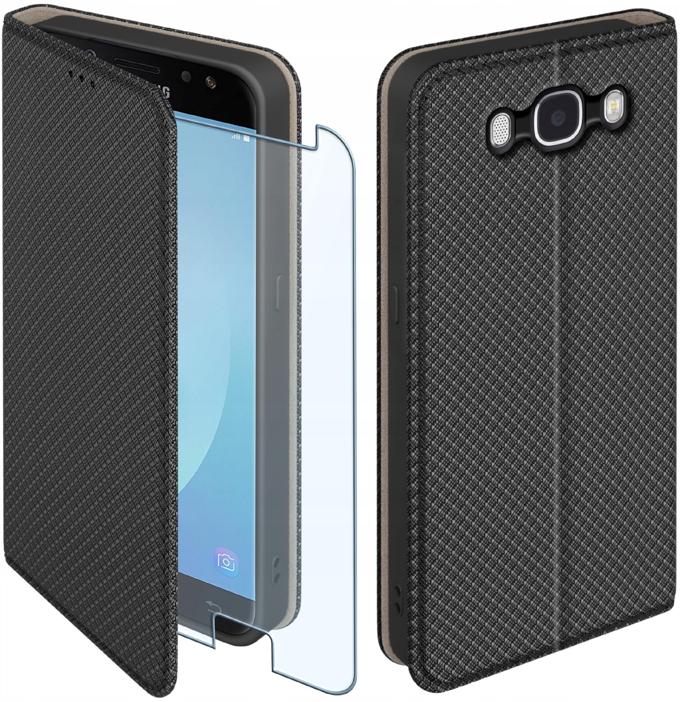 Etui z klapką do Samsung Galaxy J7 2016 Zamykane Czarne Futerał + Szkło 9H