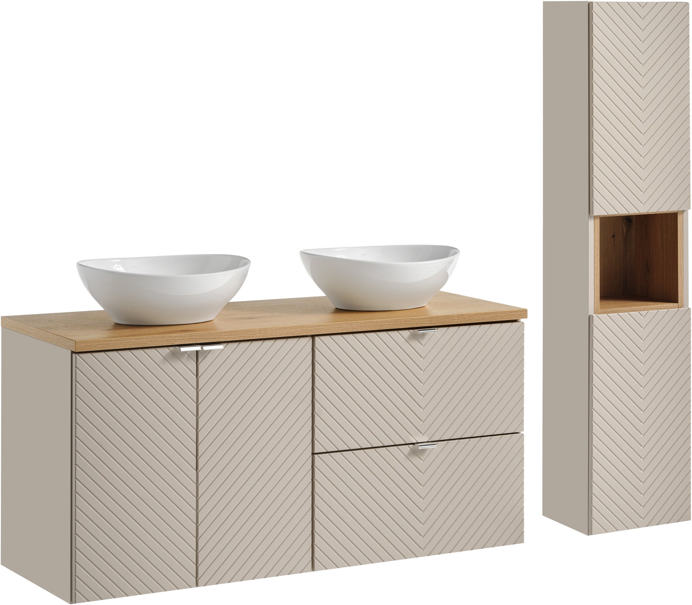 Zestaw meblowy 120cm z blatem, 2 umywalkami nablatowymi Lola i szafką wysoką