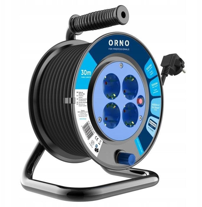 Przedłużacz bębnowy, 4 gniazda 2P+Z (schuko), kabel PVC H05VV-F 3x1.5mm2, długość - 30m, termik, przesłony torów prądowych