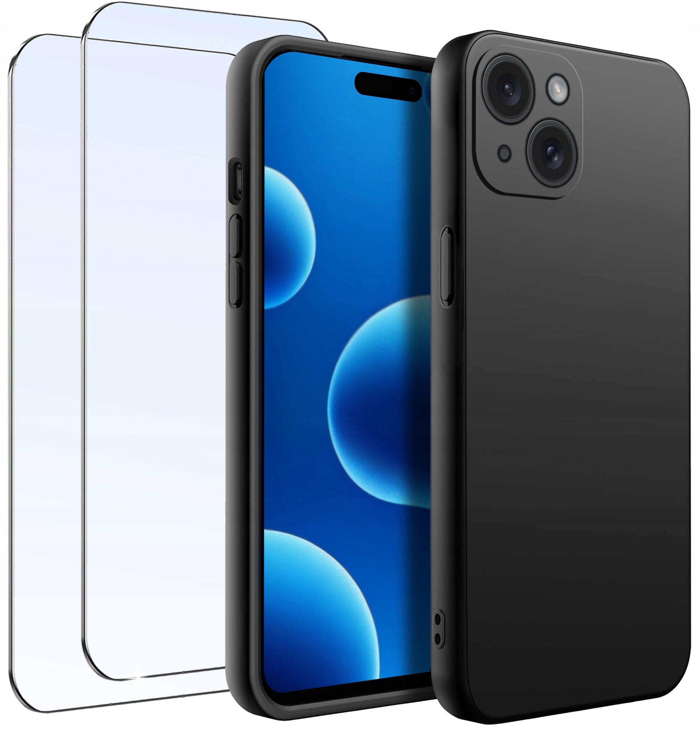 ZESTAW Etui do iPhone 15 Matowe Czarne Silikon 2 SZTUKI SZKŁO