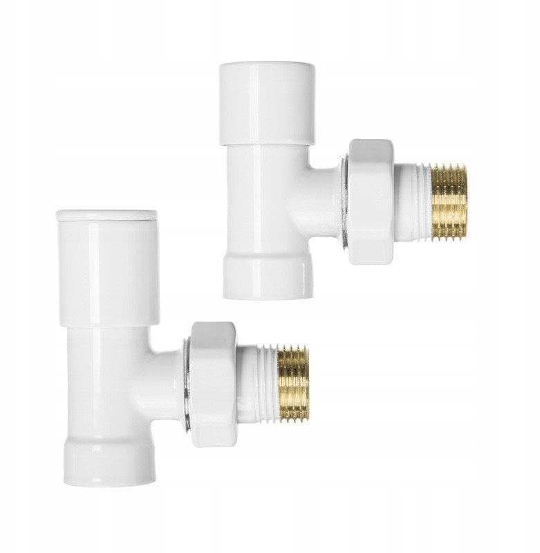 Radiator connection set INVENA CZ-31-K15-S, supply+shutoff valve, angled, white.
