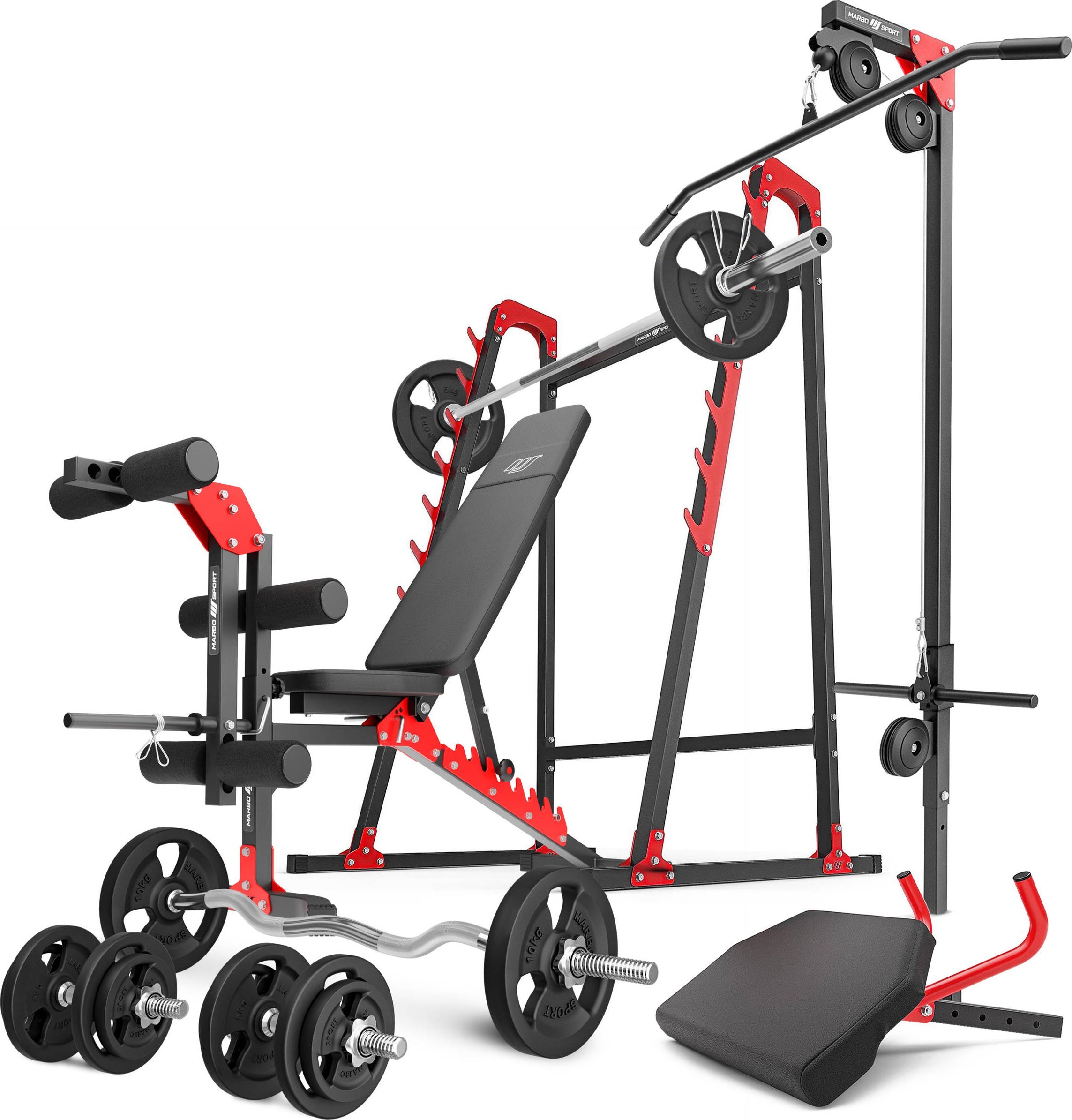 Zestaw MH26_147KG_KIER | Ławka regulowana + stojaki wielopoziomowe + prasa na nogi + wyciąg + modlitewnik (wsuwka) + zestaw gryfów i obciążeń 83 kg -