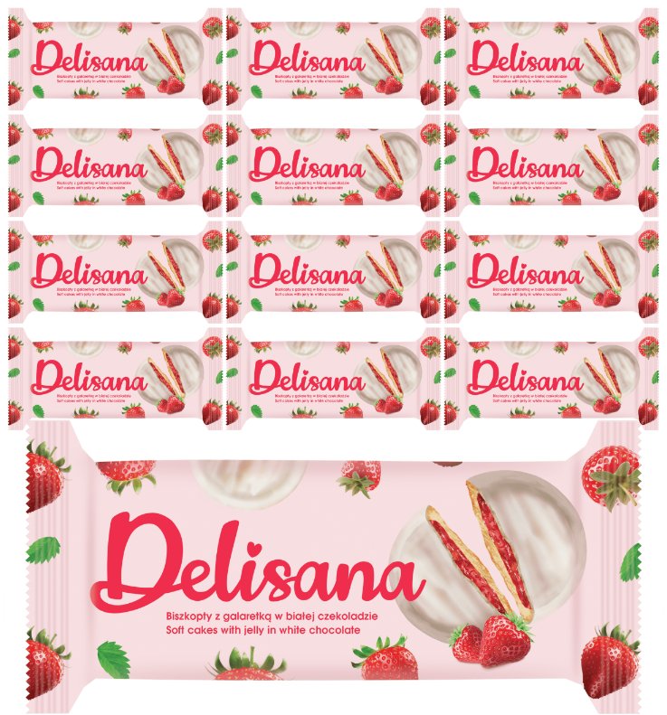 Delisana Ciastka z galaretką truskawkową w białej czekoladzie 135g x 12 sztuk