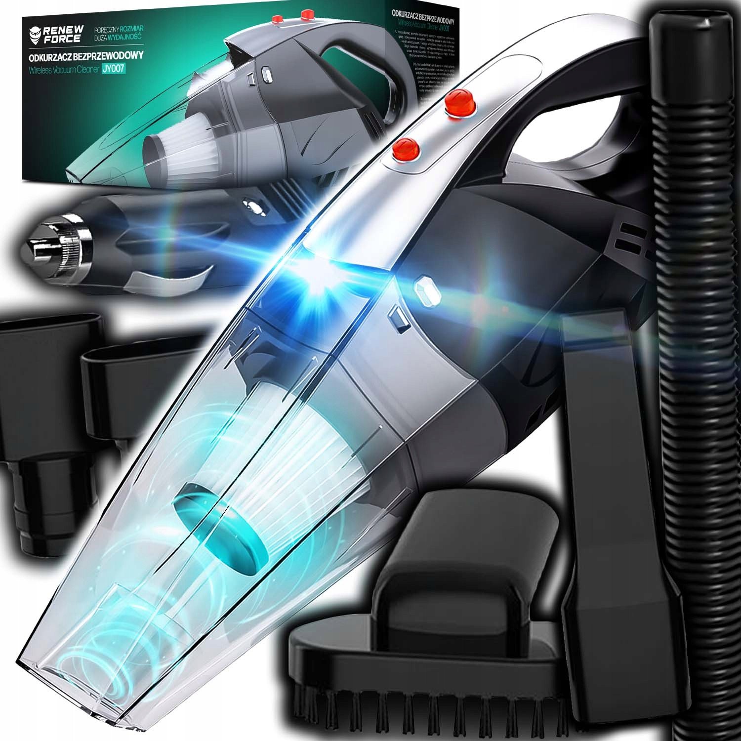 MOCNY Odkurzacz samochodowy z latarką filtr HEPA 12V 120W +torba i końcówki JY007