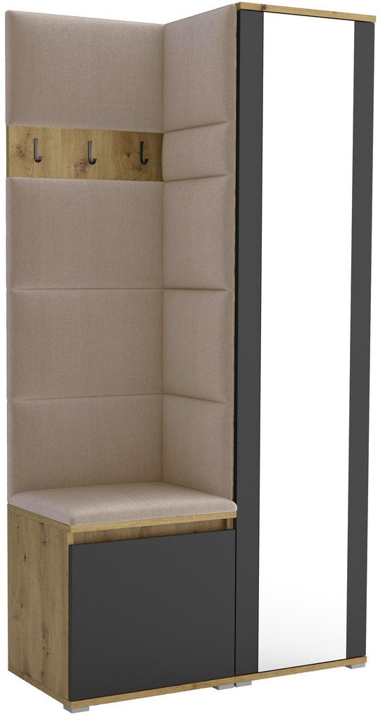 Tapicerowana garderoba Noris VI z lustrem - artisan z czarnym frontem + tkanina Trinity 04