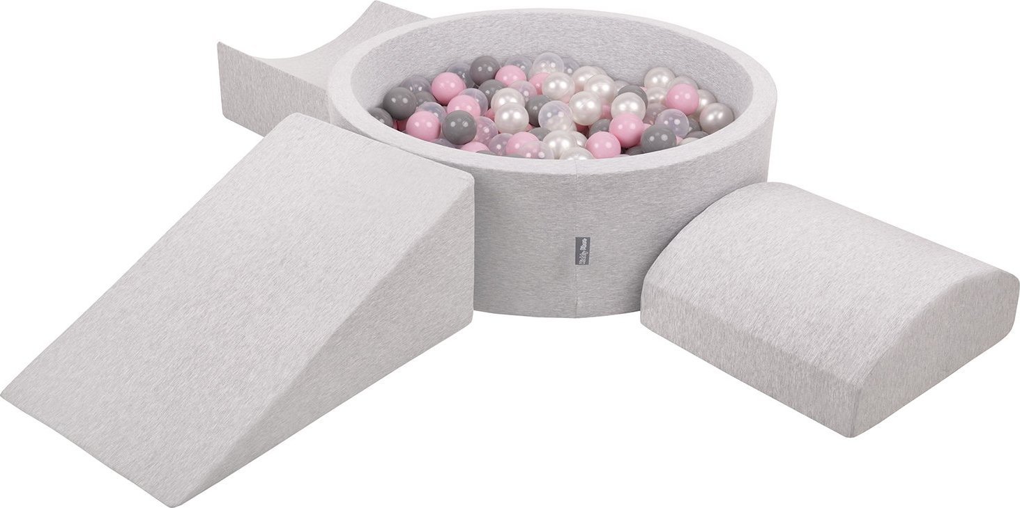 KiddyMoon KiddyMoon Piankowy plac zabaw PPZP-OK30D-114 z piłeczkami jasnoszary: perła-szary-transparent-pudrowy róż basen 300/klin L/rampa L/półwałek