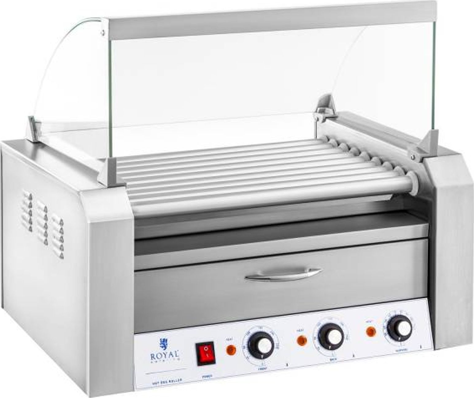 Royal Catering Roller grill rolkowy z osłoną i szufladą grzewczą do bułek 16 parówek HotDog 2200W 230V Royal Catering Roller grill rolkowy z osłoną i