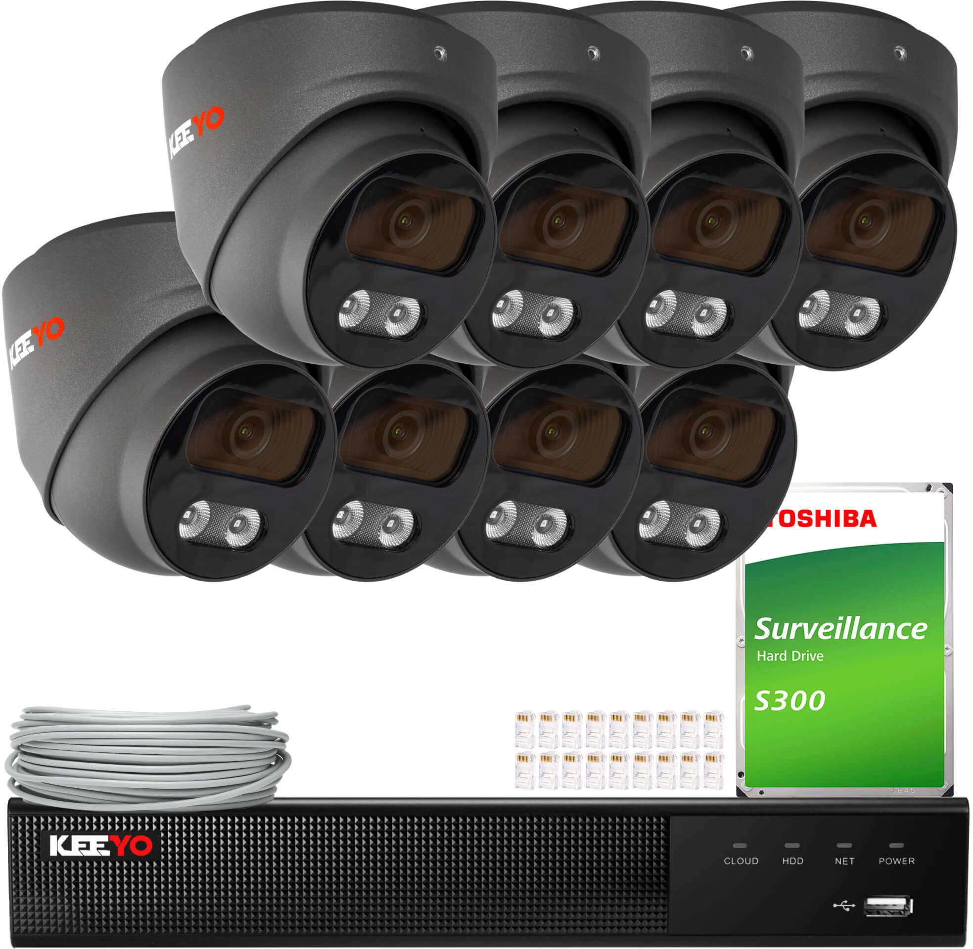 Zestaw do monitoringu IP KEEYO 8x LV-V-IP5M25DF-G-II 5Mpx, IR 25m, Audio, AI, Sony Starvis