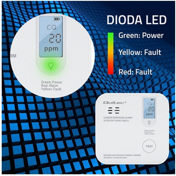 qoltec Czujnik tlenku węgla z baterią | alarm 85dB | LED