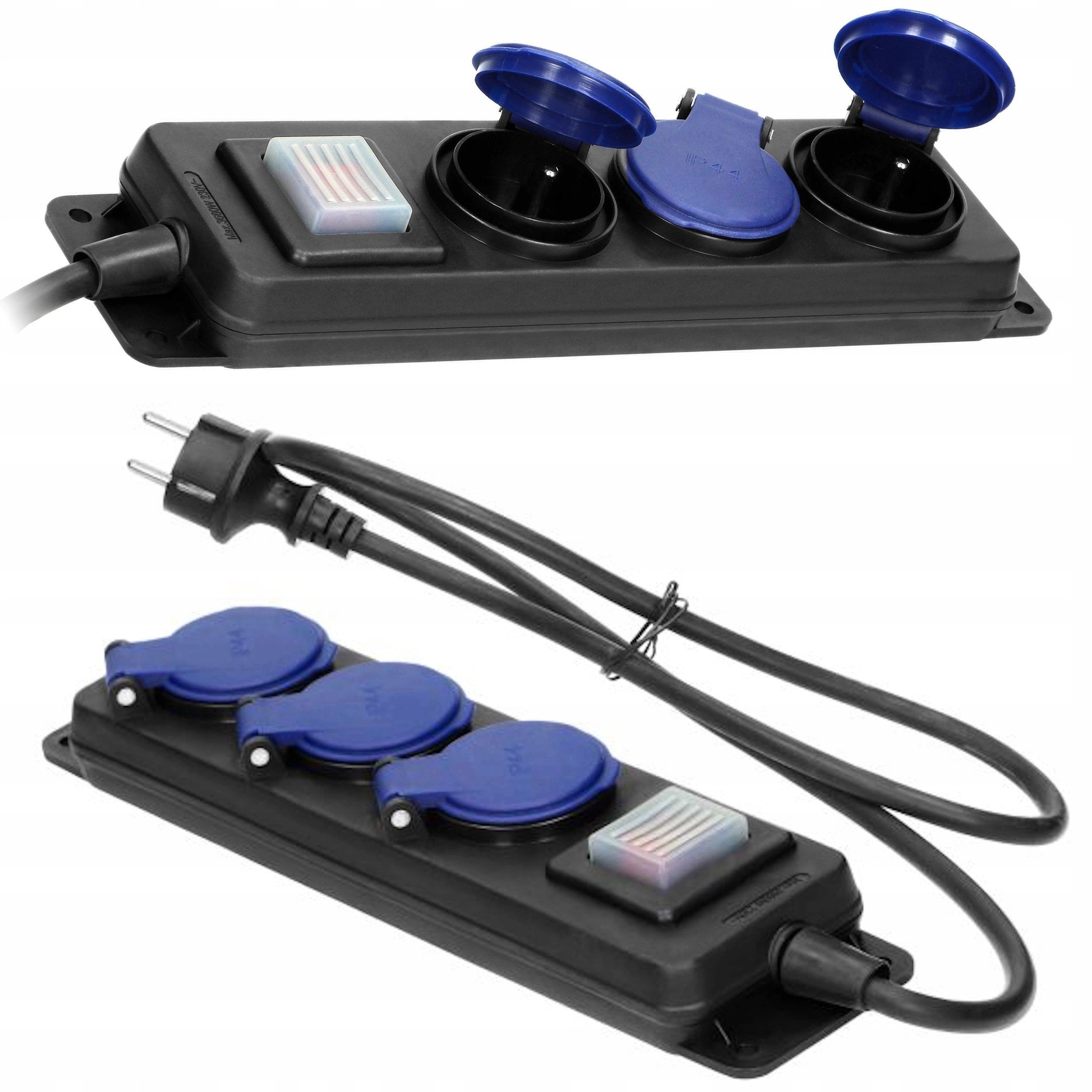 Przedłużacz warsztatowy bryzgoszczelny z wyłącznikiem IP44, 3 gniazda 2P+Z IP44, przewód gumowy, H05RR-F 3x1,5mm?, 5m