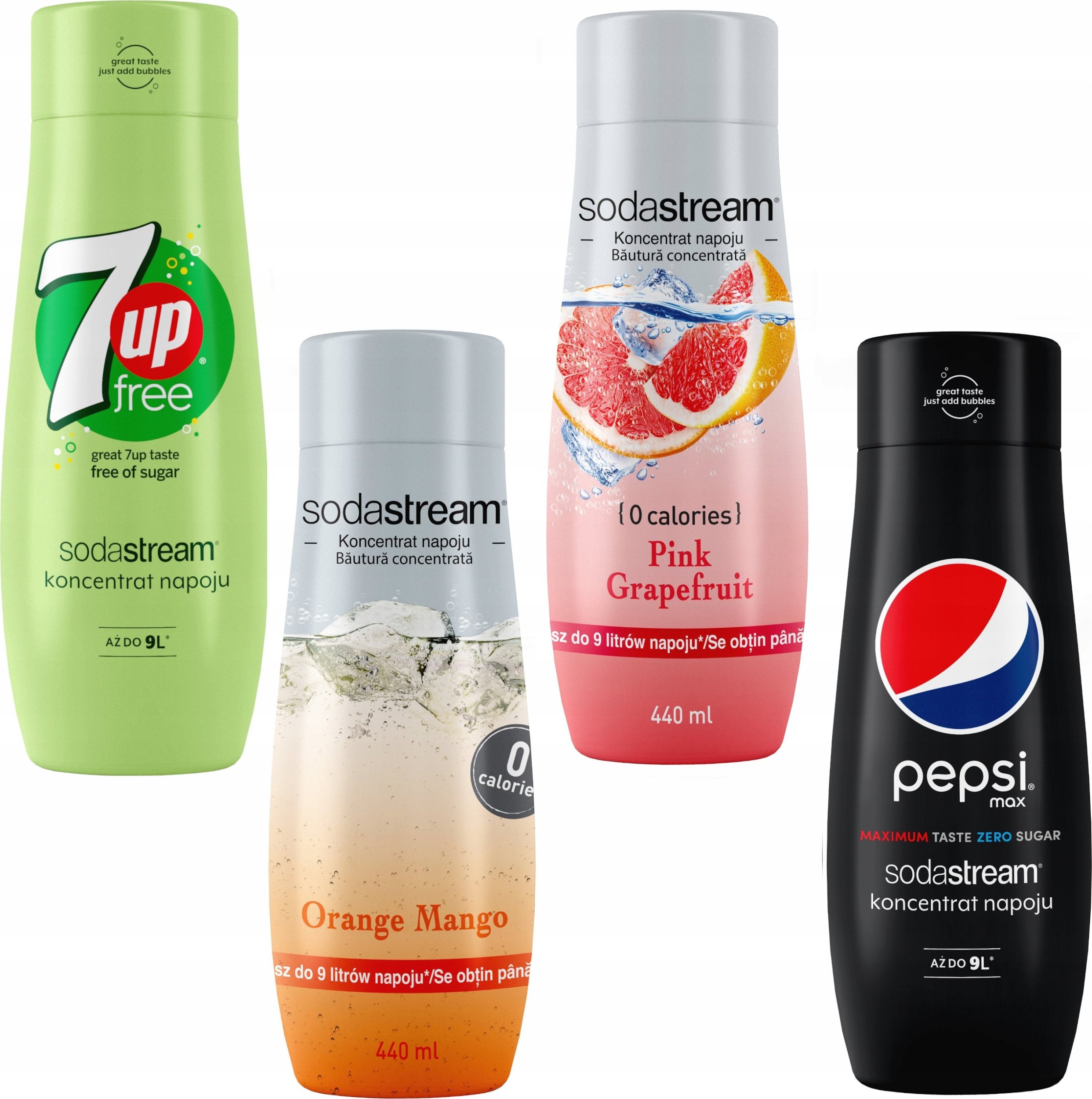 Zestaw 4 koncentratów SodaStream 7UpFREE+Orange-Mango+Grapefruit+PepsiMax