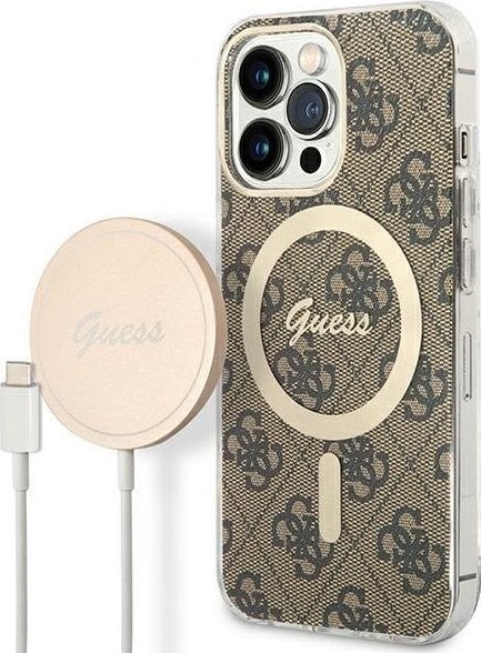 Ładowarka Guess Zestaw Guess etui + ładowarka bezprzewodowa GUBPP13LH4EACSW Apple iPhone 13 Pro brązowy/brown hard case 4G Print MagSafe