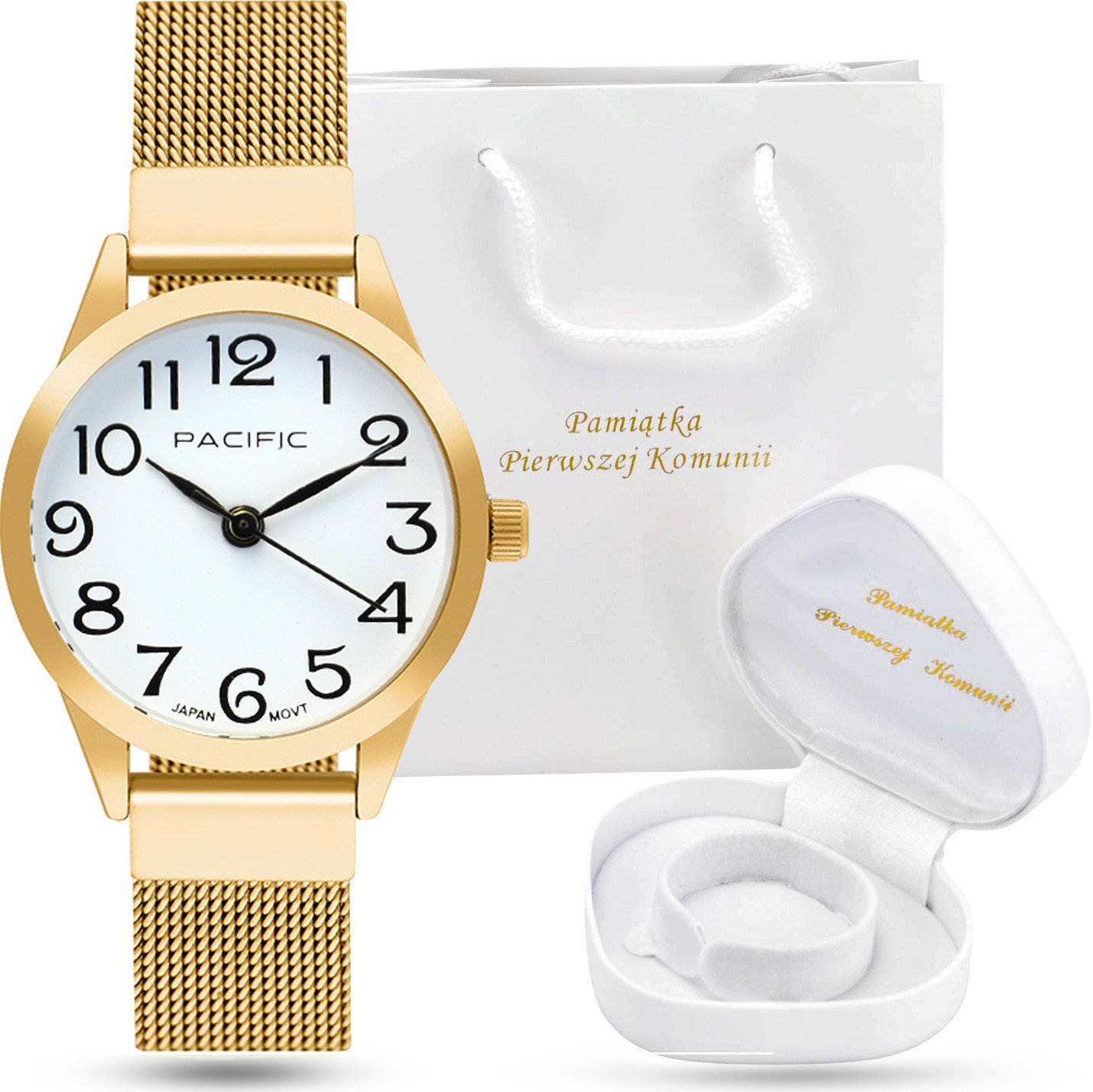 Zestaw KOMUNIA zegarek na prezent komunijny złoty + Torebka i pudełko