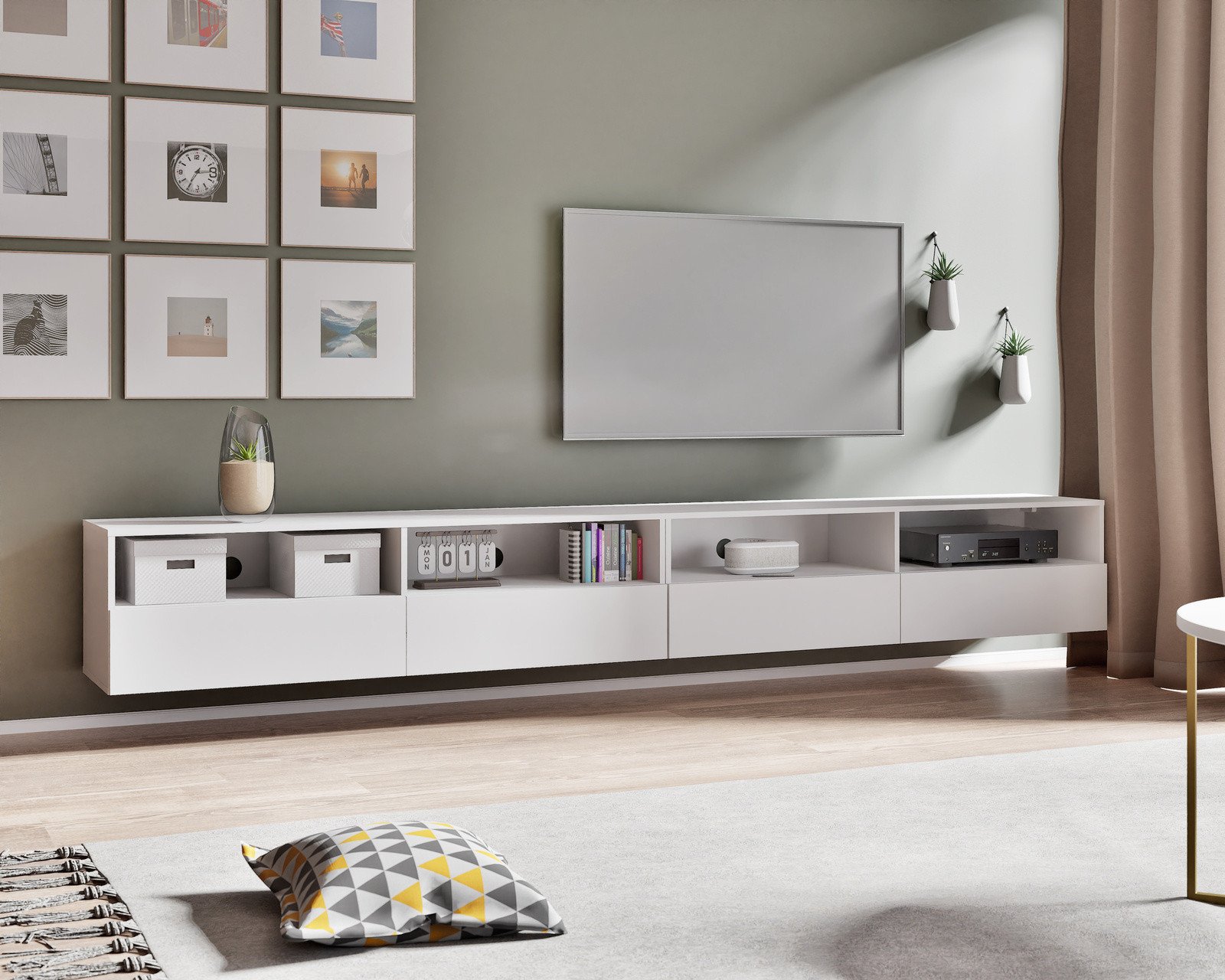 Nowoczesny zestaw RTV Tebris Dual 300 biały mat, 2 szafki 150 cm z push to open