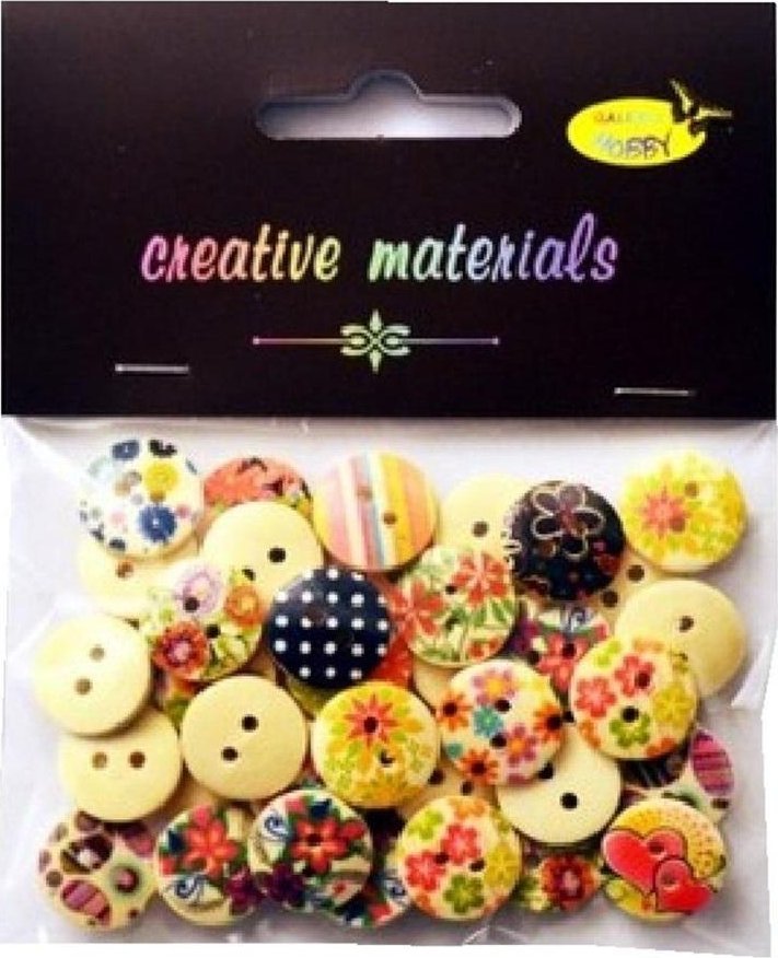 Guziki drewniane kremowe nadruk kwiaty 15mm 15g