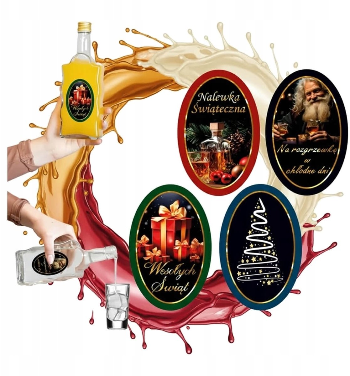 10x Świąteczne etykiety OWAL naklejki na butelki alkohol nalewki PREZENT