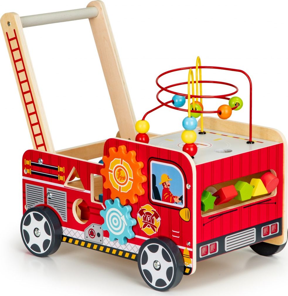 Ecotoys Drewniany pchacz edukacyjny z klockami dla dzieci - Straż Pożarna