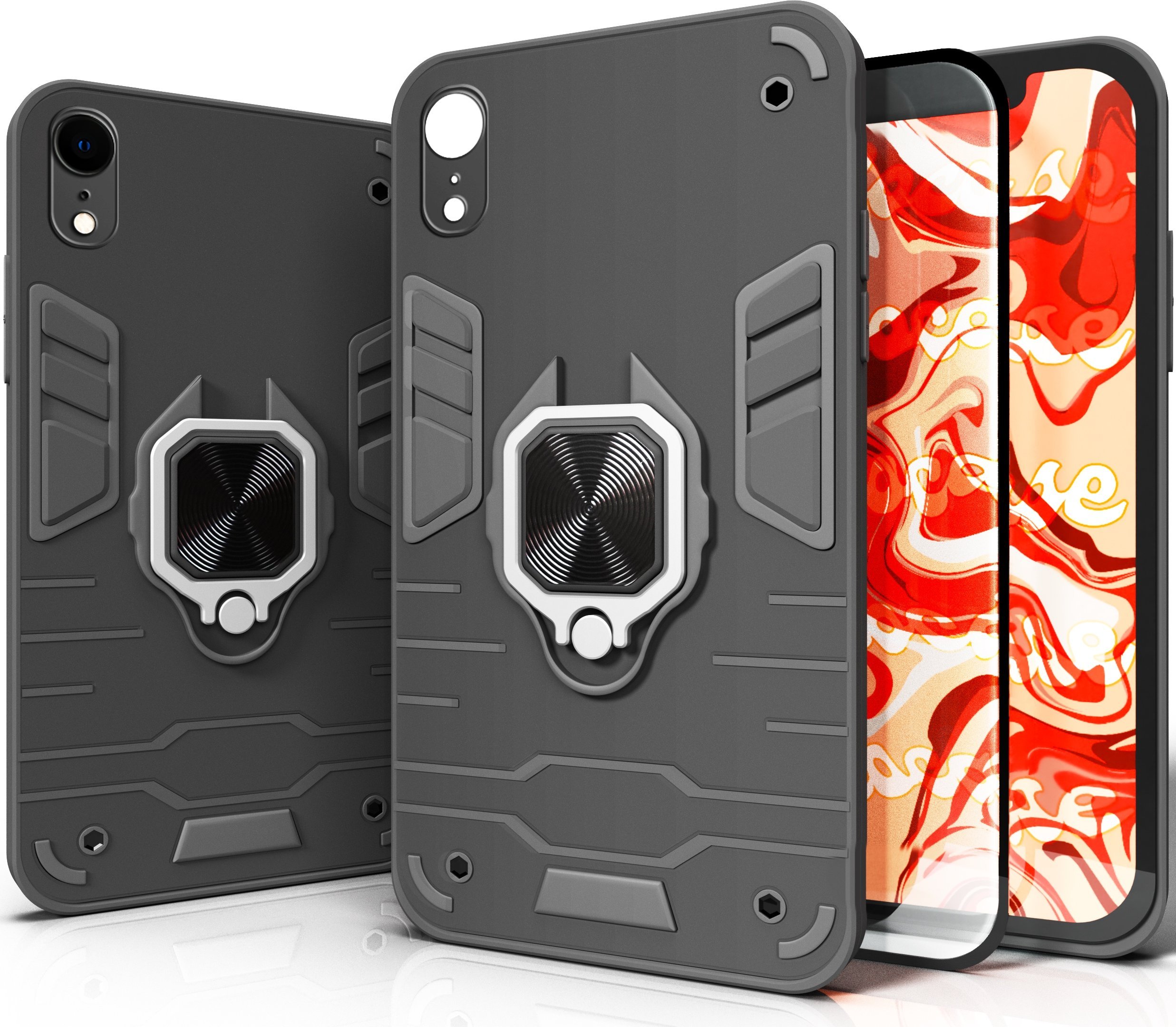 Hello Case ETUI PANCERNE DO APPLE IPHONE XR CZARNE OBUDOWA ARMOR HOLDER RING SZKŁO